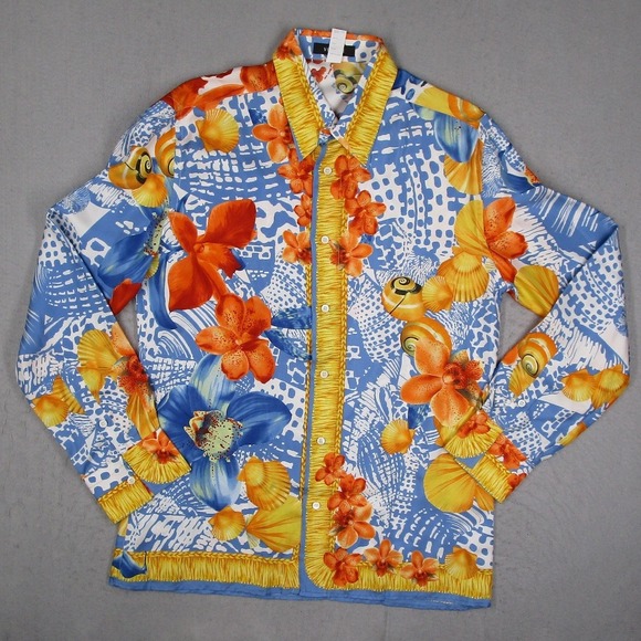 Gianni Versace Vintage Silk Shirt Mens 54 Blue Orange Nautical